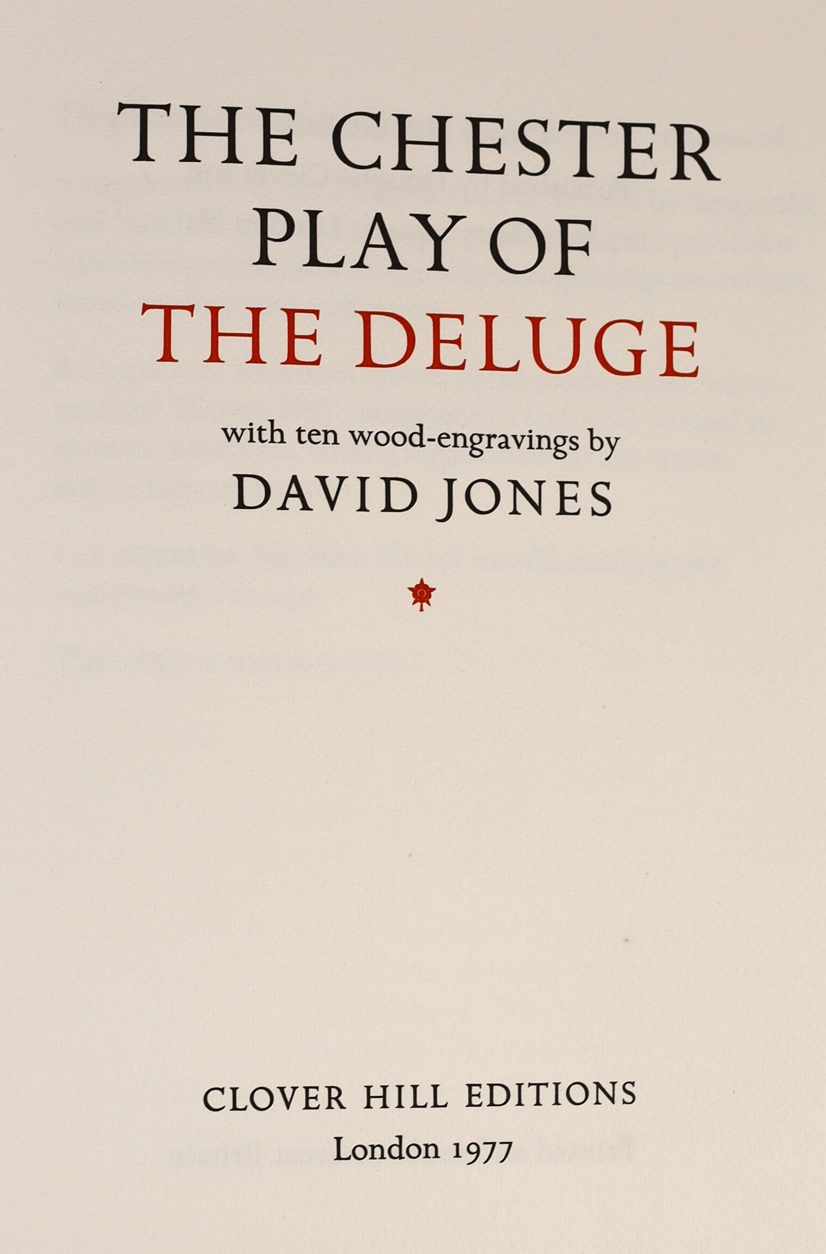 Jones, David - The Chester Plays of the Deluge. Limited edition, No. 230 of the 250 ‘ordinary copies’. Complete with 10 wood engravings in the text. Quarter cloth and marbled paper with gilt title direct on spine. With o